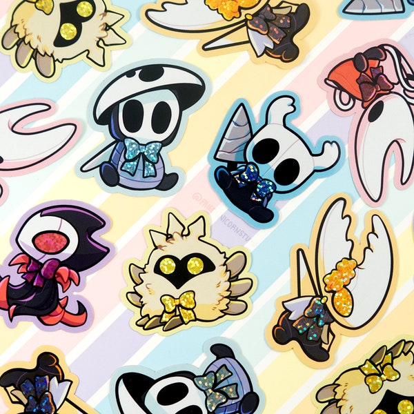 Hollow Knight 2in Weatherproof Glitter Stickers- Ghost / the Knight, Hornet, Quirrel, the Hollow Knight / Sealed Vessel, Radiance, Grimm