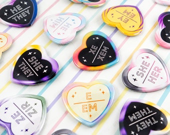 Customizable Heart Shaped LGBTQIA Queer Gender Identity Pin back Pride Pronoun and NeoPronoun Buttons- Made to order, Personalizeable