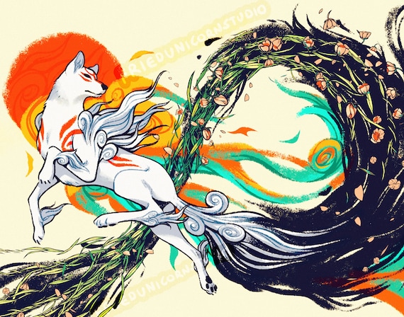 Okami Amaterasu Flower Trail Solar Flare Matte Art Print 