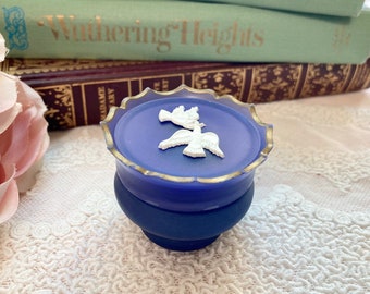 60s collectible Avon Cream Sachet, blue purple fragrance dish, crystal jar Avon