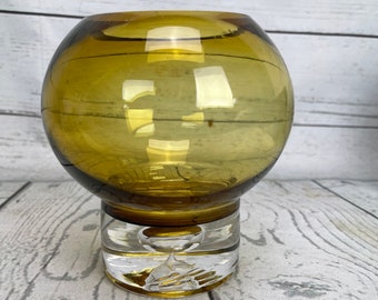 Krosno Controlled Suspended Bubble Votive Amber Vase Pedestal Art Glass Poland