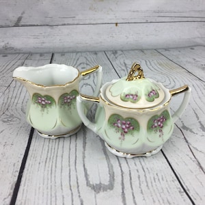 Vintage Lefton China Creamer Sugar Bowl w Lid Green Rose 1950s Rare Hand Painted