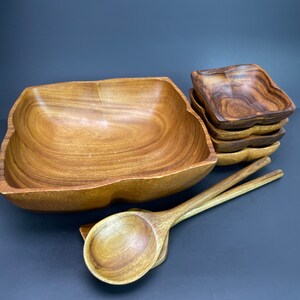 flawed Mid Century Modern Wood Salad Bowl Set 1 Large Bowl 4 Small Bowls Tossing Utensils Vintage