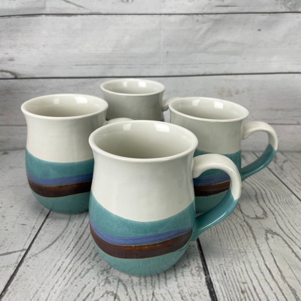 Hand Thrown Set of 4 Pottery Mugs Blue Wave Coffee Vintage Cups Ceramic Tea