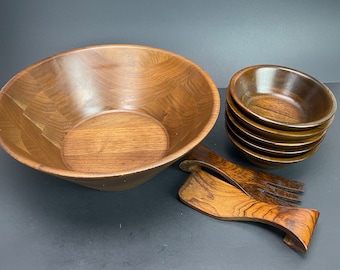 Wood Salad Bowl Set 1 Large Serving Bowl 5 Small Bowls Vintage with Tossing Utensils