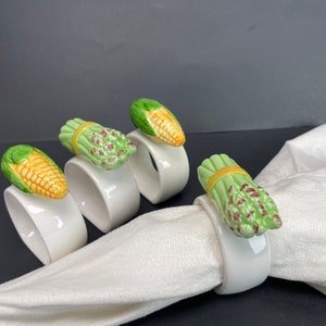Corn Asparagus Ceramic Napkin Rings Set of 4 Vegetable Farmhouse Holder Vintage