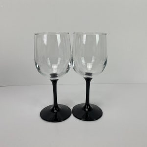 Black Stem Goblets Clear Wine Glasses Set 2 Cocktail 7” Mid Century Modern Vintage