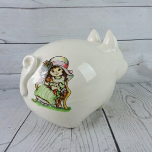 White Piggy Bank Hand Painted Face Transferware Girl In Bonnet on Back Vintage