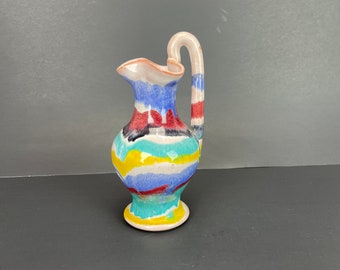 Art Pottery Pitcher Watercolor Design Hand Thrown Painted Vintage Ewer Mini Jug