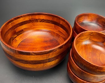 Wood Salad Bowl Set 1 Large Serving Bowl 6 Small Bowls Vintage