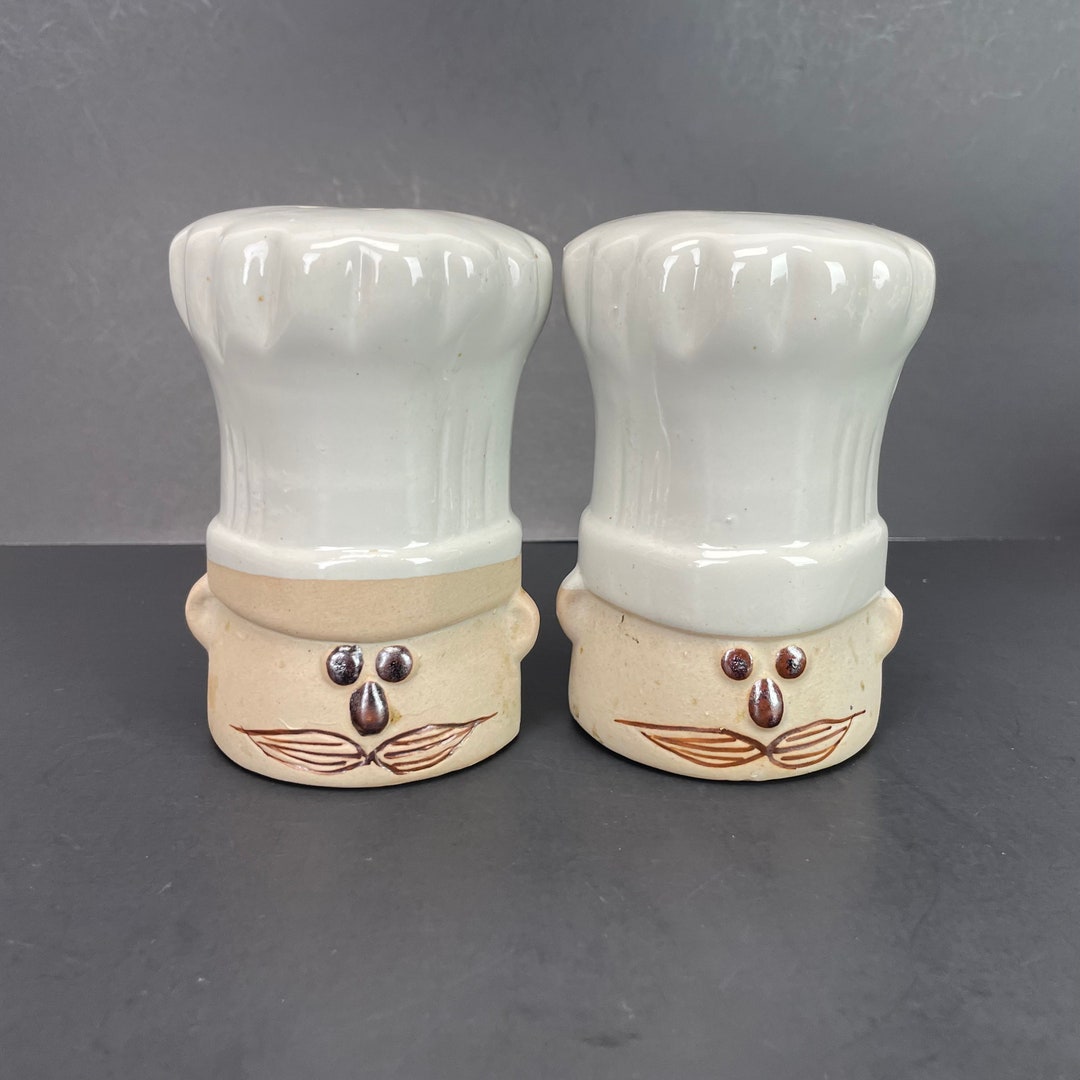 Stoneware Chef Salt Pepper Shakers Hand Painted Large Seasoning Shakers