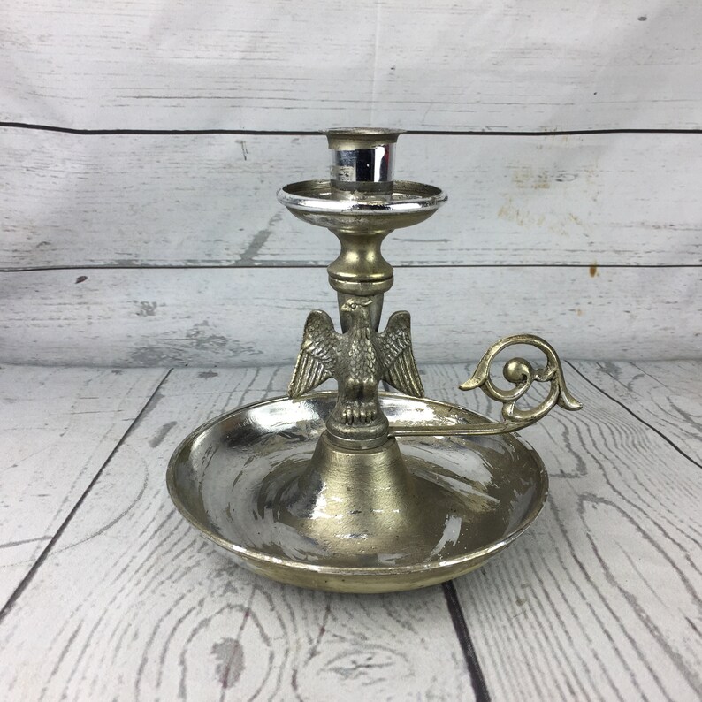 Candlestick Eagle Ornate Rustic Silver Toned Chippy Paint Farmhouse Americana