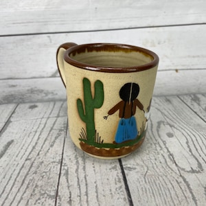 Tonala Pottery Coffee Mug Stoneware Mexico Hand Painted Cactus Signed Cup Vintage