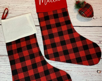 Custom Christmas Stocking, Personalized Stocking, Red Plaid Stocking, White Plaid Stocking, Family Christmas Stockings, Buffalo Plaid