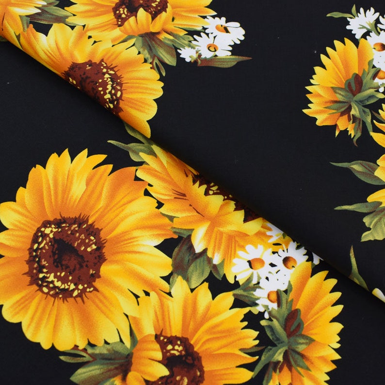 Sunflowers in black reactive dyeing stretch cotton fabric for Etsy