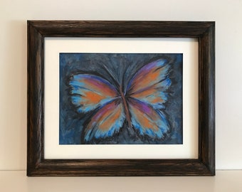 Butterfly Print  11" x 9" wood frame. Soft white mat (Quality Print of Original Oil Pastel) Price reduced. Ships quickly. Ships free!