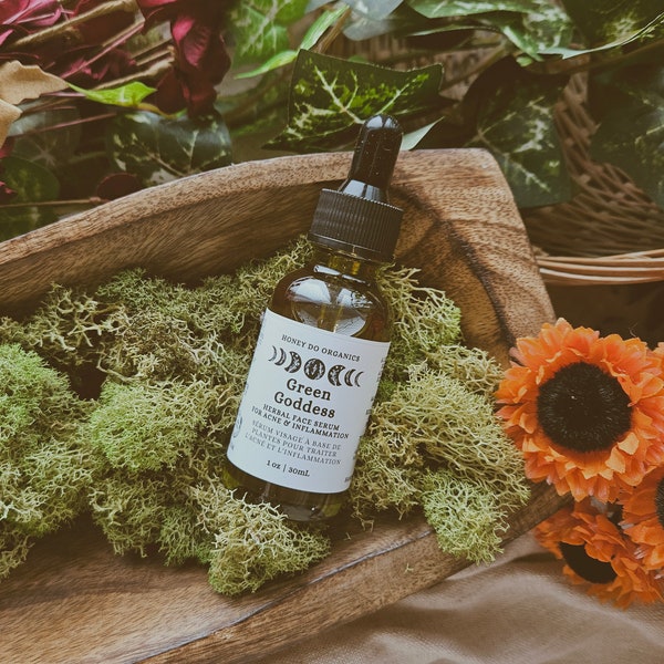 Green Goddess Oil Face Serum, Organic Herbal Skincare, Botanical Serum Infused with Blue Tansy, Gotu Kola, Comfrey, Nettle, and Willow Bark