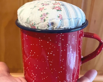 Vintage Quilt Enamel Mug Pin Cushion