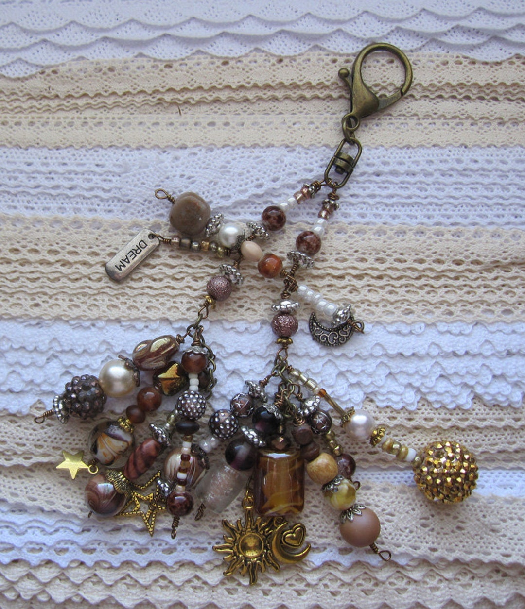 Espresso Themed Dangle With Beads, Charms, Lobster Clasp, Tans Browns