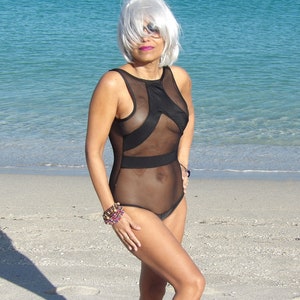 Black Sheer Mesh One Piece Monokini Transparent Swimsuit