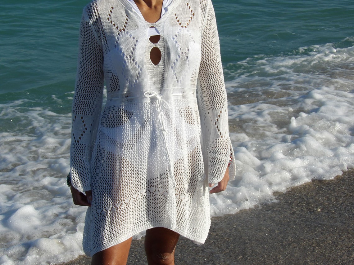 Sexy Crochet Dress Cover Up Long Sleeve Hollow Out One Size Etsy