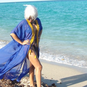 Kimono Bikini Cover Up Electric Blue Sheer Kimono Robe Long Wrap Dress One Size