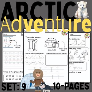May include: An "Arctic Adventure" workbook featuring a polar bear illustration. The pages include tracing letters, colouring activities, and number exercises. The set includes 9 pages of educational content.