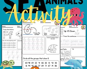 Sea Animals Preschool Activity Pack: Ocean Worksheets, Counting, Letters & Shapes Printables