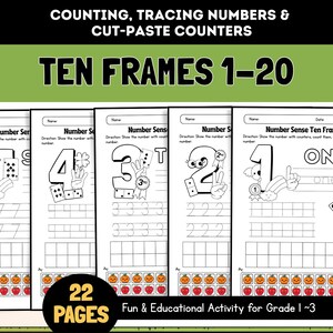 Peut inclure: Pages de cahier d'exercices éducatifs pour compter et tracer les nombres de 1 à 20. Les pages présentent des cadres de dix, des compteurs à découper et à coller, et le texte "TEN FRAMES 1-20". Le cahier est conçu pour les élèves de la 1re à la 3e année et comprend 22 pages.