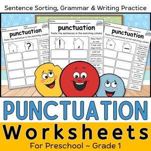 Peut inclure: Feuilles de travail éducatives pour la maternelle et la 1re année, axées sur la ponctuation. L'image montre trois feuilles de travail avec des phrases à associer à des signes de ponctuation. L'image comprend trois personnages de dessins animés souriants.