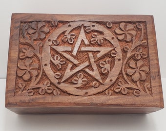 Pentagram Wooden Box - Hand Carved Wiccan Altar Storage for Herbs & Crystals