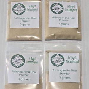 A professional display of Ashwagandha Root Powder from InSpyrit Metaphysical, featuring multiple clear bags in various sizes against a white background. The labels clearly show the sacred geometry logo and the botanical name Withania Somnifera, highlighting the fine, tan herbal powder.