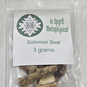 A close-up, centered shot of a single 3-gram bag of Solomon's Seal Root from InSpyrit Metaphysical. The clear packaging shows the dried, tan botanical pieces inside, and the white label prominently displays the shop's green sacred geometry logo and "3 grams