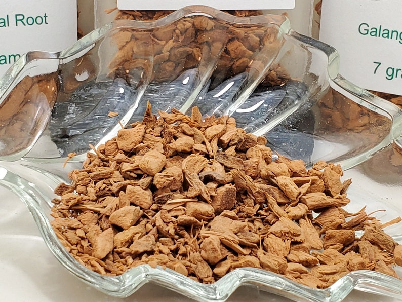 Peut inclure: Gros plan sur des morceaux de racine de galanga bruns et s&eacute;ch&eacute;s dans un plat en verre transparent en forme de feuille. Les morceaux de racine sont de tailles et de formes vari&eacute;es. Des &eacute;tiquettes avec du texte sont visibles en arri&egrave;re-plan.