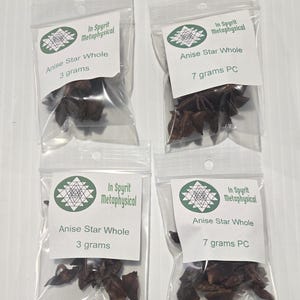 A top-down grid view of four clear, resealable bags of Whole Star Anise. Two 3g bags and two 7g bags are shown with InSpyrit Metaphysical labels, showcasing the beautiful, star-shaped brown botanical pods used for abundance and protection rituals.