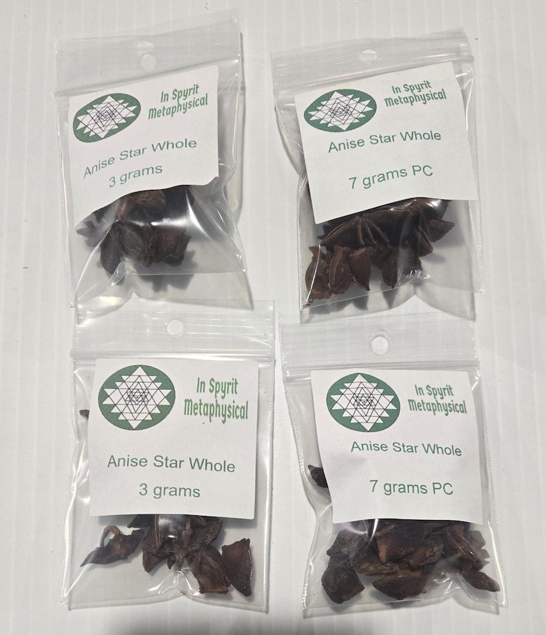 A top-down grid view of four clear, resealable bags of Whole Star Anise. Two 3g bags and two 7g bags are shown with InSpyrit Metaphysical labels, showcasing the beautiful, star-shaped brown botanical pods used for abundance and protection rituals.