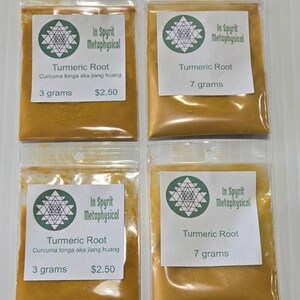 Four small clear bags of InSpyrit Metaphysical Turmeric Powder in 3 gram and 7 gram sizes. The bags show the vibrant golden-yellow texture of the ground root with professional white labels.