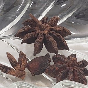 A close-up, high-angle view of several whole, dried Star Anise pods resting in a clear glass decorative dish. The star-shaped botanicals are a rich, earthy brown, showcasing their natural symmetry and texture, perfect for ritual use or culinary tea.