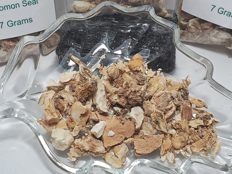 A top-down, close-up shot of a clear, leaf-shaped glass bowl filled with dried Solomon's Seal Root. The image highlights the natural, earthy cream and tan colors of the fibrous, chopped root pieces, emphasizing the high quality of the organic botanical.