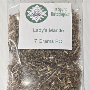 A clear 7g bag of dried Lady's Mantle herb with the In Spyrit Metaphysical label, showcasing the high-quality botanical contents against a clean white background. InSpyritMetaphysical.