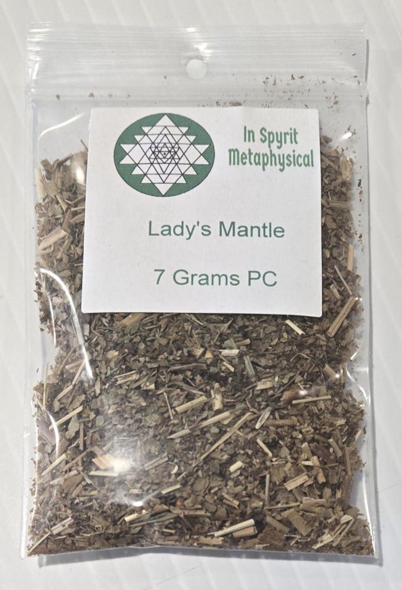 A clear 7g bag of dried Lady's Mantle herb with the In Spyrit Metaphysical label, showcasing the high-quality botanical contents against a clean white background. InSpyritMetaphysical.
