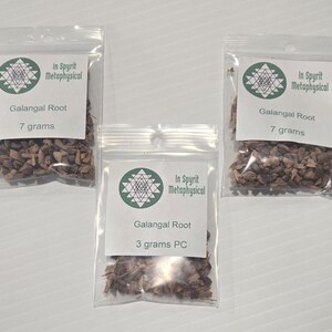 Three clear bags of dried Galangal Root from InSpyrit Metaphysical, labeled in 3 gram and 7 gram sizes against a white background