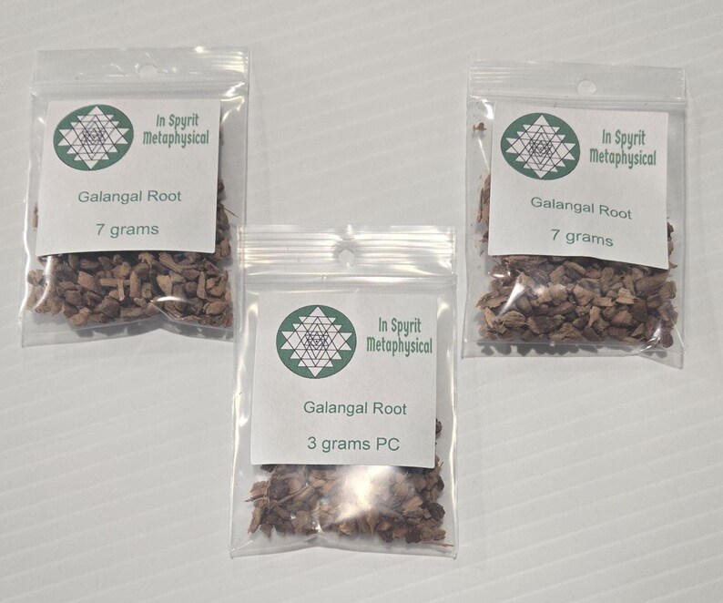 Three clear bags of dried Galangal Root from InSpyrit Metaphysical, labeled in 3 gram and 7 gram sizes against a white background