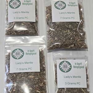 Two each clear herb bags of dried Lady's Mantle in 3g and 7g sizes, featuring the In Spyrit Metaphysical logo and product details, perfect for divine feminine rituals and spiritual apothecary kits. InSpyritMetaphysical