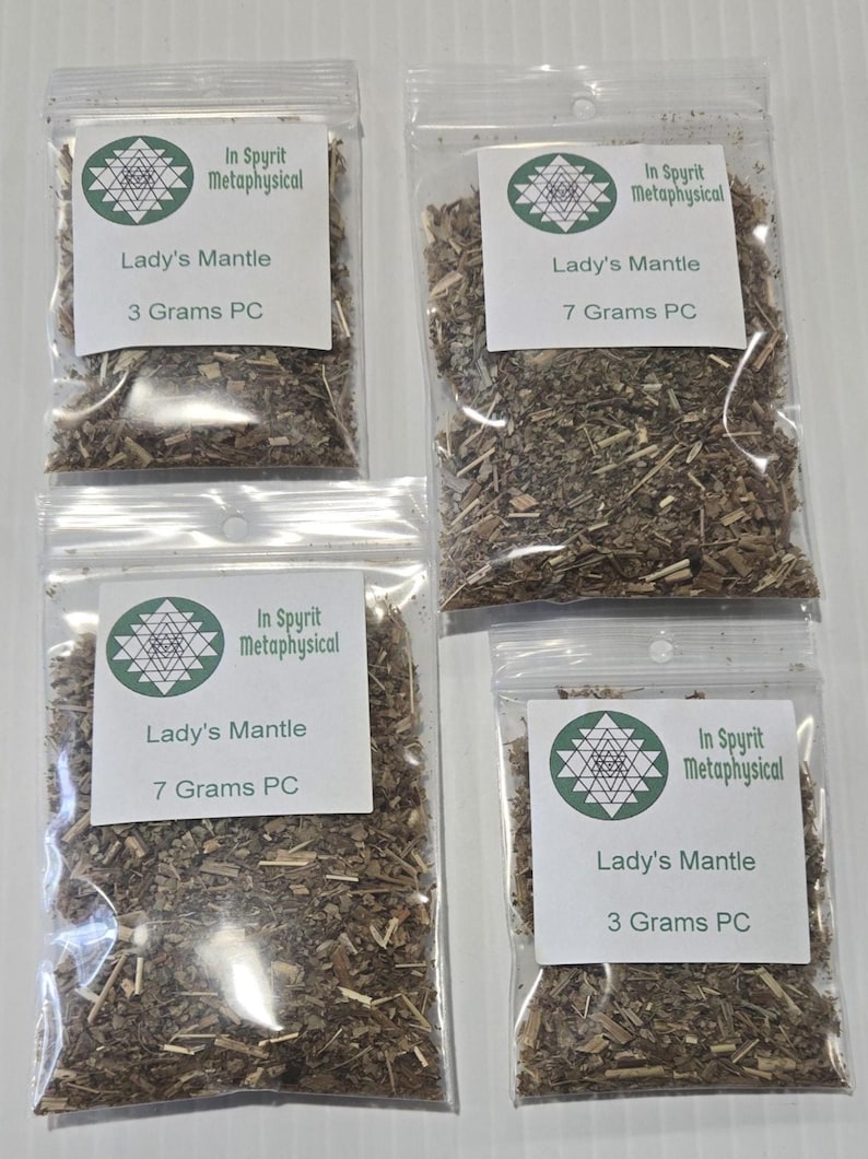 Two each clear herb bags of dried Lady's Mantle in 3g and 7g sizes, featuring the In Spyrit Metaphysical logo and product details, perfect for divine feminine rituals and spiritual apothecary kits. InSpyritMetaphysical