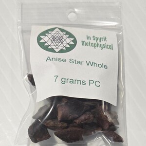 A close-up of a 7-gram clear resealable bag of Whole Star Anise pods. The InSpyrit Metaphysical label is centered, showcasing the high-quality, whole brown botanical stars used for abundance, protection, and tea rituals.