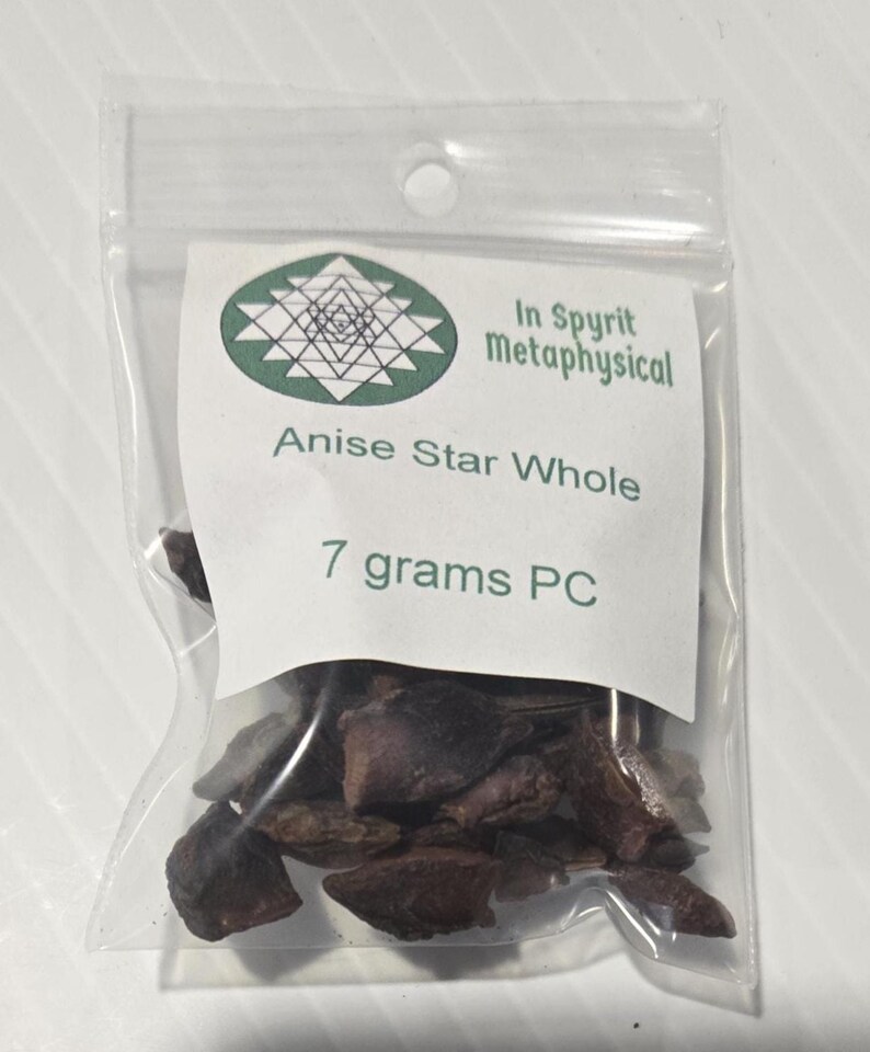 A close-up of a 7-gram clear resealable bag of Whole Star Anise pods. The InSpyrit Metaphysical label is centered, showcasing the high-quality, whole brown botanical stars used for abundance, protection, and tea rituals.