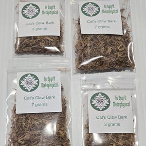 InSpyrit Metaphysical branded Cat's Claw Bark ritual herbs in 3g and 7g clear practitioner bags for spiritual protection and grounding.