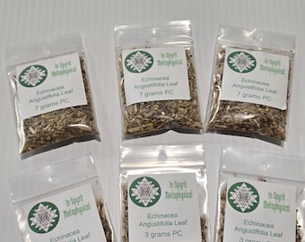 May include: Six clear plastic bags filled with dried Echinacea Angustifolia Leaf. Each bag has a white label with the text "In Spyrit Metaphysical" and "Echinacea Angustifolia Leaf" with either 7 grams or 3 grams.