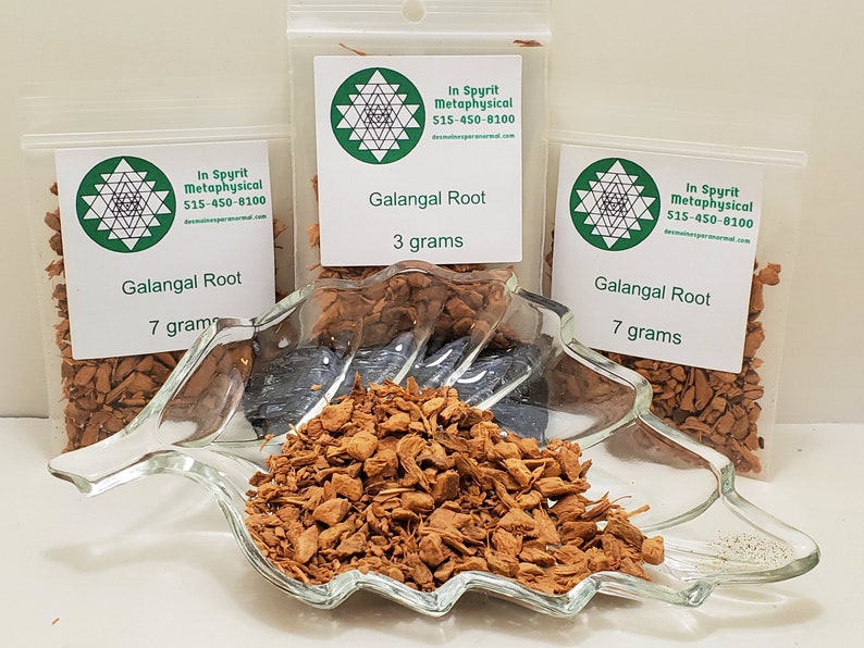 Peut inclure: Racine de galanga, une &eacute;pice, pr&eacute;sent&eacute;e dans un plat transparent en forme de feuille et dans trois petits sachets en plastique. Les sachets sont &eacute;tiquet&eacute;s avec le texte "Galangal Root" et des poids de 3 et 7 grammes. Les sachets incluent &eacute;galement un logo et des coordonn&eacute;es.